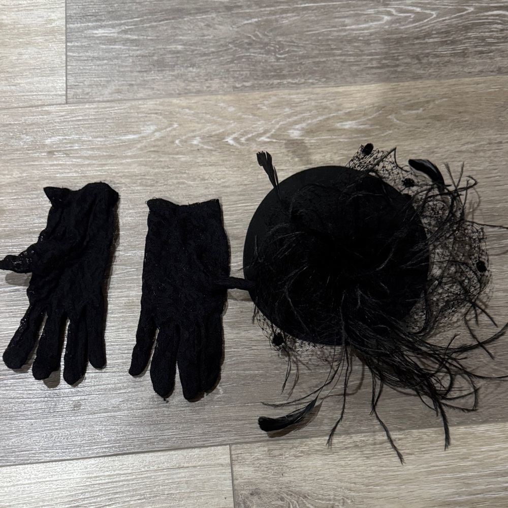 Elegant Black Lace Gloves and Hat Set with beautiful feathers